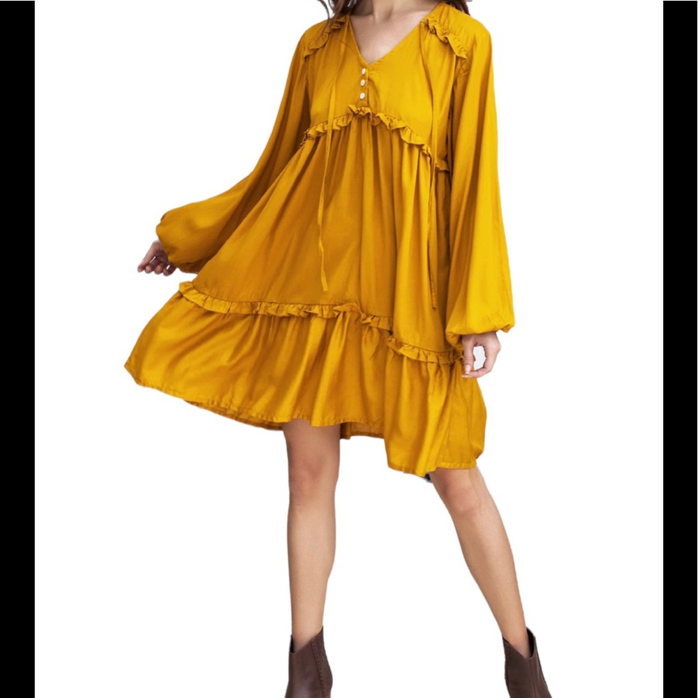 Bali Elf Mustard Yellow "Texas Rose" Boho Swing Mini Dress L